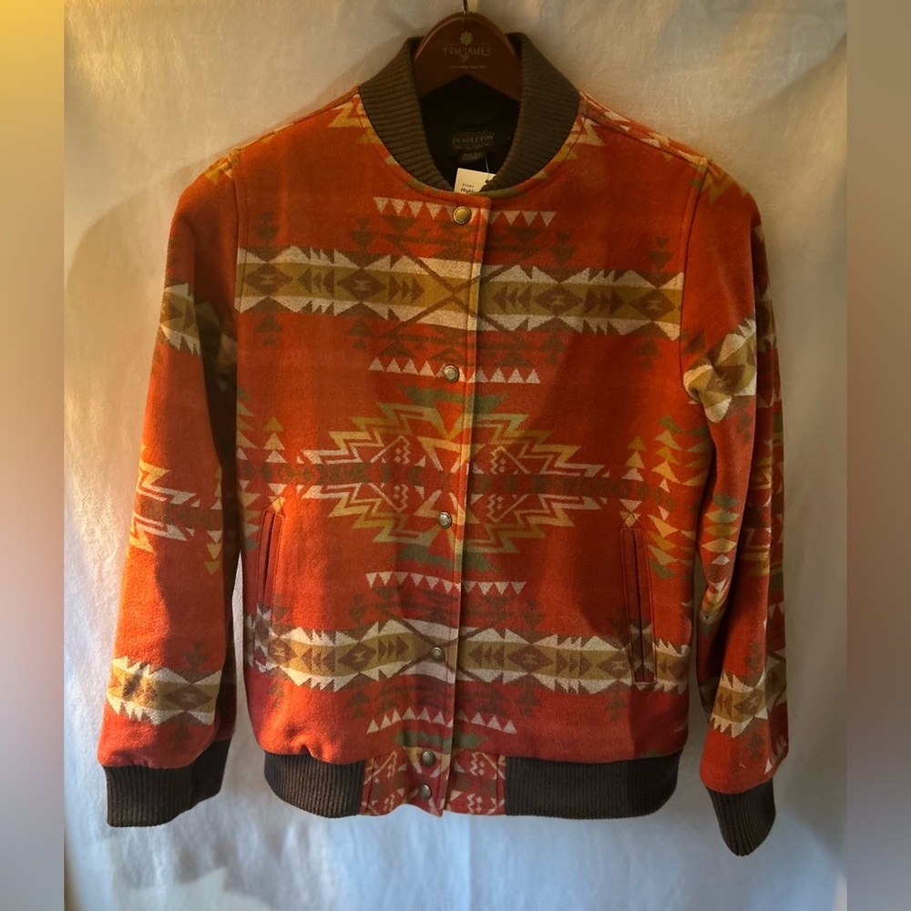 Pendleton Women’s S Hoyt Wool Bomber Southwest Style Jacket Orange Jacket NWT - Picture 3 of 9